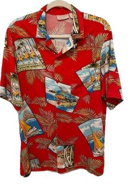 Frankenstein Red Hawaiian Print Short-Sleeve Button-Down Shirt Size L Vintage